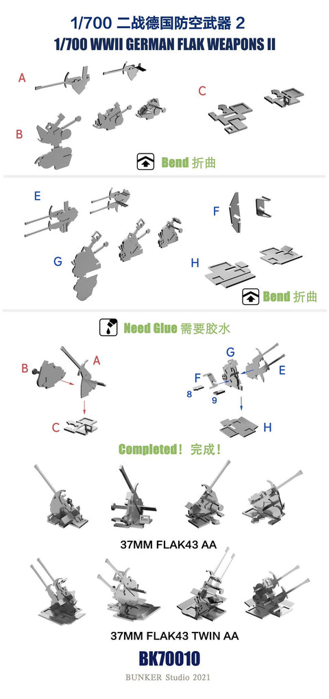 バンカースタジオ BK70010 1/700 WWIIドイツ 3.7cmFlaK43対空砲(単装及び連装)(エッチング)
