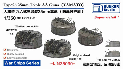 バンカースタジオ IJN35030 1/350 WWII 日本海軍 九六式25mm三連装機銃 シールド付き(前期型16基,後期型8基入り)(タミヤ78025用)