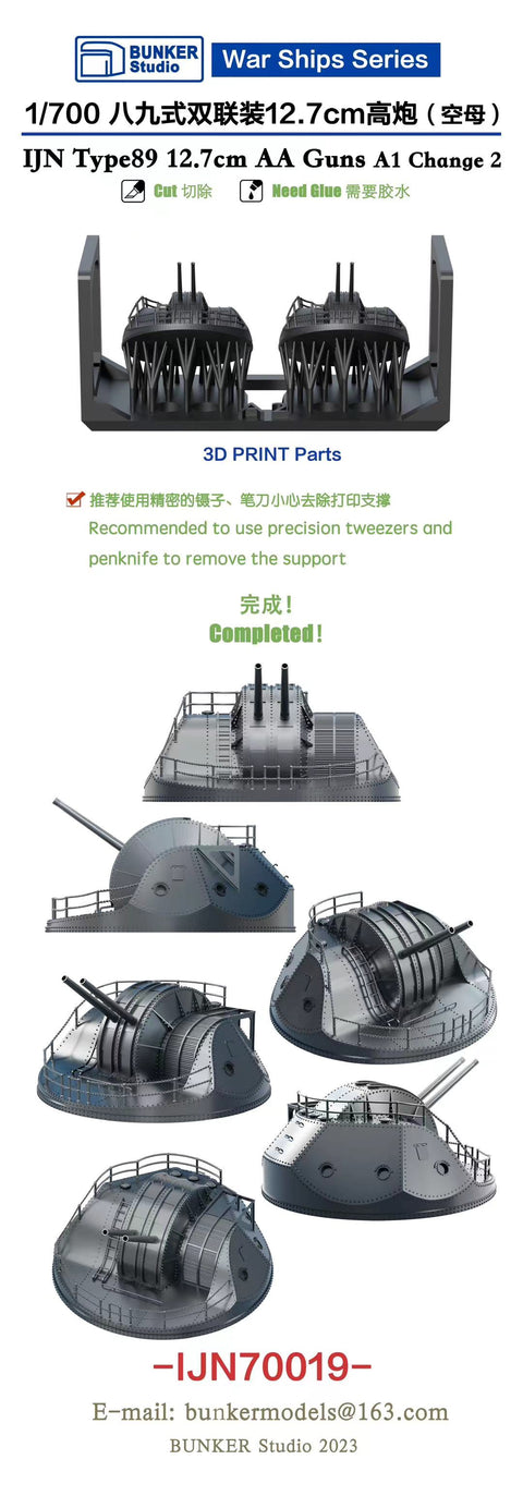 バンカースタジオ IJN70019 1/700 WWII日本海軍 八九式12.7cm連装高角砲A1型改2 煤煙よけシールド付き(航空母艦用)