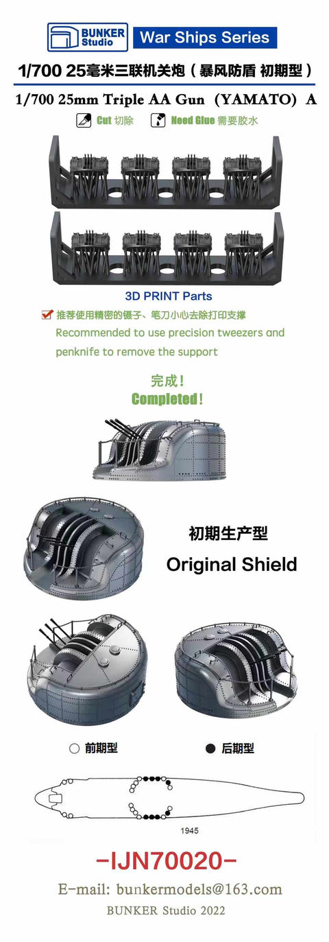 バンカースタジオ IJN70020 1/700 WWII日本海軍 戦艦 大和 九六式25mm三連装機銃(爆圧よけシールド付き)A 初期型