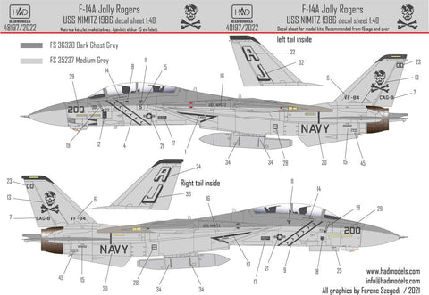 HADモデル 48197/2023 1/48 F-14A VF-84 ジョリーロジャース 1986 低視認性デカールシート ステンシル付き 再版