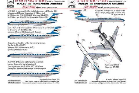 HADモデル DW-144001 1/144 Tu-134 Tu-134 A Tu-134 - A-3 マレーヴ 70~80年代 ドライウォーターデカールシート