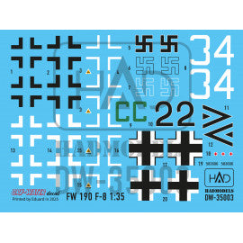 HADモデル DW-AP35003 1/35 FW 190 F-8 (グリーンC, ブラック2, ホワイト34) デカールシート