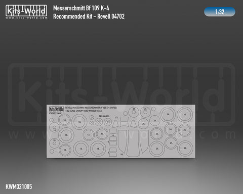 Kitsworld KWM321005 1/32 1:32 scale Messerschmitt Bf 109 K4 Canopy/Wheels Mask Recommended Kit - Revell 04702