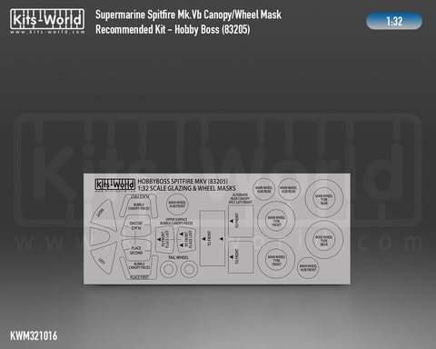 Kitsworld KWM321016 1/32 1:32 scale Spitfire Canopy/Wheel Masks Recommended Kit - Hobby Boss 83205