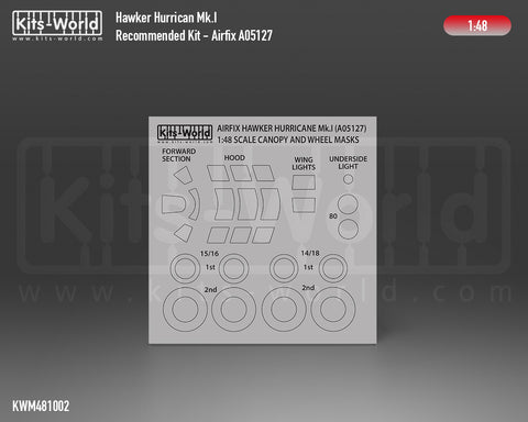 Kitsworld KWM481002 1/48 1:48 scale Hawker Hurricane Mk.1 Canopy/Wheels Mask Recommended Kit - Airfix A05127A