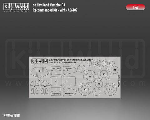 Kitsworld KWM481018 1/48 1:48 scale de Havilland Vampire F.3 Canopy/Wheel Masks - Recommended Kit - Airfix (A06107).