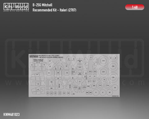 Kitsworld KWM481023 1/48 1:48 scale Mitchell B-25G (B C Etc) Canopy/Wheel Masks - Recommended Kit - Italeri (2787).