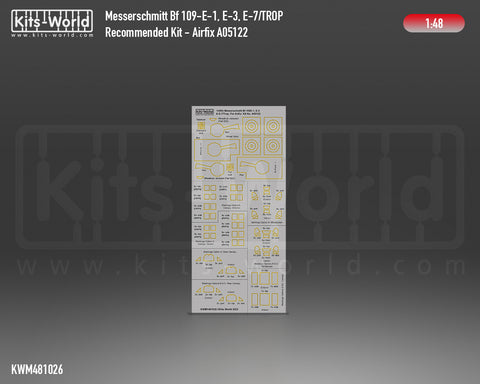 Kitsworld KWM481026 1/48 1:48 scale Messerschmitt Bf 109E-1, E-3, E-7- Canopy & Wheel Mask Set. For Airfix A05122.