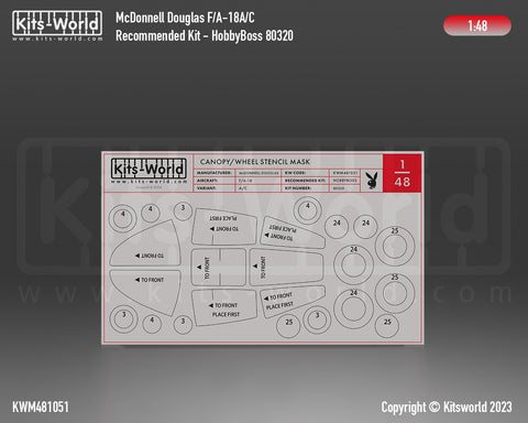 Kitsworld KWM481051 1/48 1:48 scale Canopy/Wheel Mask Set McDonnell Douglas FA-18A-C - Hobby Boss 80320