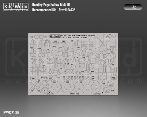 Kitsworld KWM721008 1/72 1:72 scale Handley Page Halifax B Mk.III Canopy/Wheels Mask - Recommended Kit - Revell (04936).
