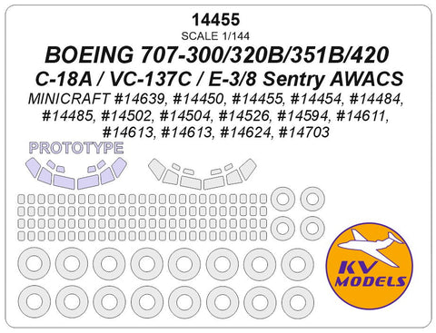 KVモデル 14455 1/144 ボーイング 707-300/320B/351B /420 / C-18A / VC-137C / E-3 / E-8 Sentry AWACS (ミニクラフト) + ホイール キャノピーマスキングシート