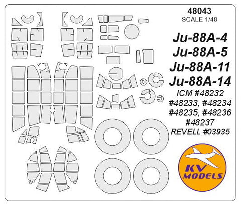 KVモデル 48043 1/48 Ju-88A-4 / A-5 / A-11 / A-14 (ICM #48232, #48233, #48234, #48235, #48236, #48237 / レベル #03935) + ホイール キャノピーマスキングシート