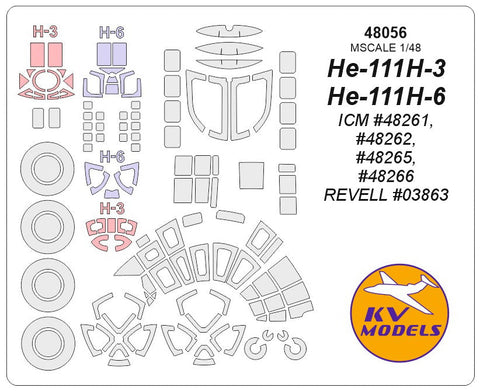 KVモデル 48056 1/48 He-111H-3 / H-6 (ICM #48261, #48262, #48265, #48266 / レベル #03863) + ホイール キャノピーマスキングシート