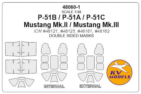 KVモデル 48060-1 1/48 P-51B / P-51A / P-51C / マスタング Mk.II / マスタング Mk.III (ICM #48121, #48125, #48161, #48162) - 内外両面 キャノピーマスキングシート