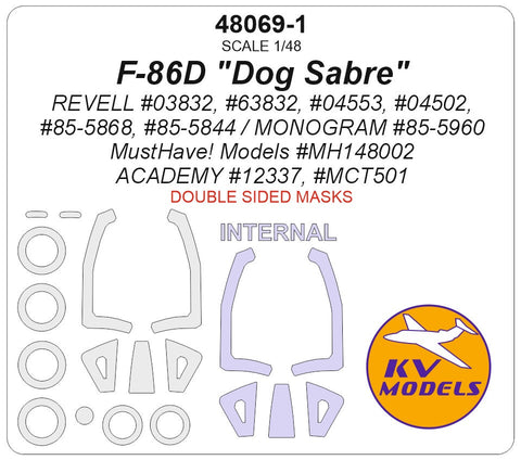 KVモデル 48069-1 1/48 F-86D "ドッグセイバー" (レベル #03832, #63832, #04553, #04502, #85-5868, #85-5844 / モノグラム #85-5960 / MustHave! Models #MH148002 / アカデミー #12337, #MCT501) - (内外両面) + ホイール キャノピーマスキングシート