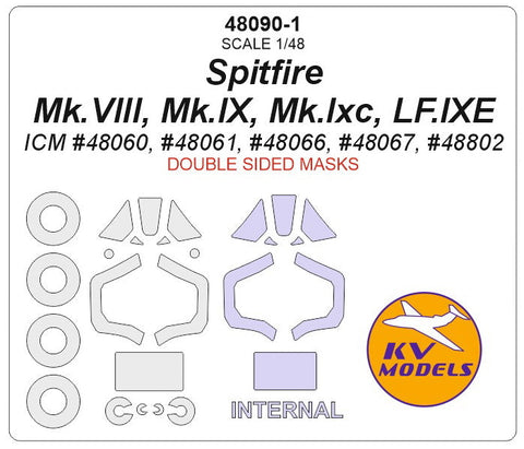 KVモデル 48090-1 1/48 スピットファイア Mk.VIII, Mk.IX, Mk.Ixc, LF.IXE (ICM #48060, #48061, #48066, #48067, #48802) - (内外両面) + ホイール キャノピーマスキングシート