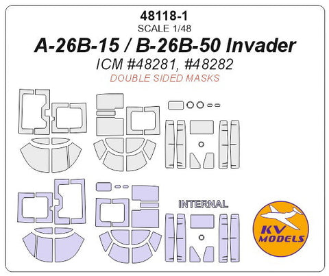 KVモデル 48118-1 1/48 A-26B-15 / B-26K / A-26В / B-26B-50 インベーダー (ICM #48279, #48281, #48282, #48285) - (内外両面) + ホイール キャノピーマスキングシート