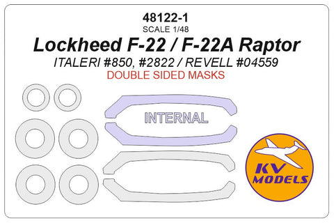 KVモデル 48122-1 1/48 ロッキード F-22 / F-22A ラプター (イタレリ #850, #2822 / レベル #04559) - (内外両面) + ホイール キャノピーマスキングシート