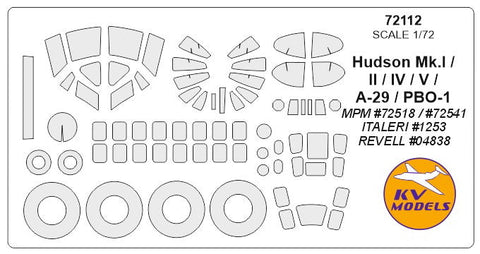 KVモデル 72112 1/72 ハドソン Mk.I / II / IV / V / A-29 / PBO-1 (MPM/イタレリ/レベル) + ホイール キャノピーマスキングシート