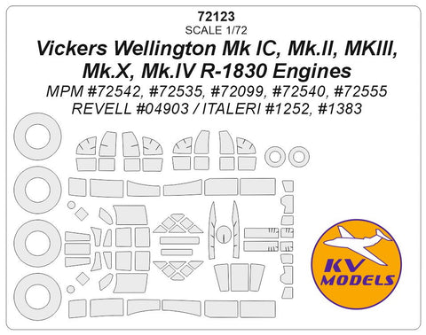 KVモデル 72123 1/72 ヴィッカース ウェリントン (Mk IC, Mk.II, MKIII, Mk.X, Mk.IV R-1830 Engines) - (MPM/レベル/イタレリ) + ホイール キャノピーマスキングシート