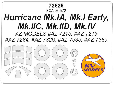 KVモデル 72625 1/72 ハリケーン Mk.IA, Mk.I 初期型, Mk.IIC, Mk.IID, Mk.IV (AZモデル) + ホイール キャノピーマスキングシート