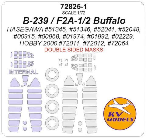 KVモデル 72825-1 1/72 F2A-2 バッファロー 'U.S. ネイビー' (ハセガワ) - (内外両面) + ホイール キャノピーマスキングシート