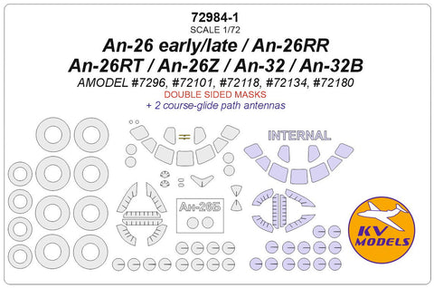 KVモデル 72984-1 1/72 An-26 初期型/後期型 / An-26RR / An-26RT / An-26Z / An-32 / An-32B (Aモデル) - (内外両面) + ホイール キャノピーマスキングシート