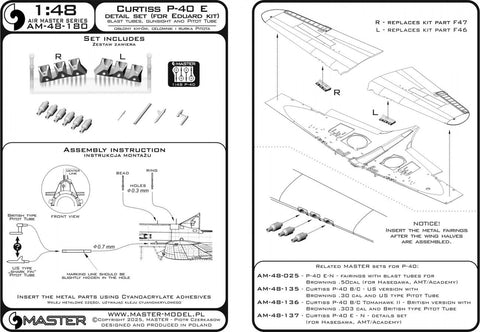 マスター AM-48-180 1/48 カーチス P-40 E - ガンサイト& ピトー管 & ブローニング .50 ブラストチューブ エデュアルドモデル キット用アダプター