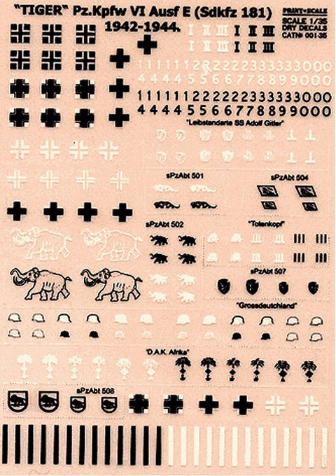 プリントスケール 001-35 1/35 ドイツ タイガーI 1942-1944 パート1 リミテッドエディション ドライデカール