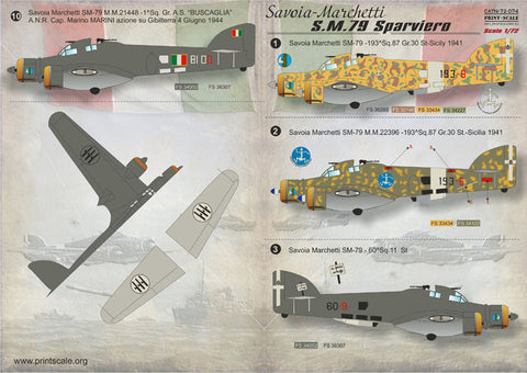 プリントスケール 72-074 1/72 サヴォイア・マルケッティSM-79 "スパルビエロ"
