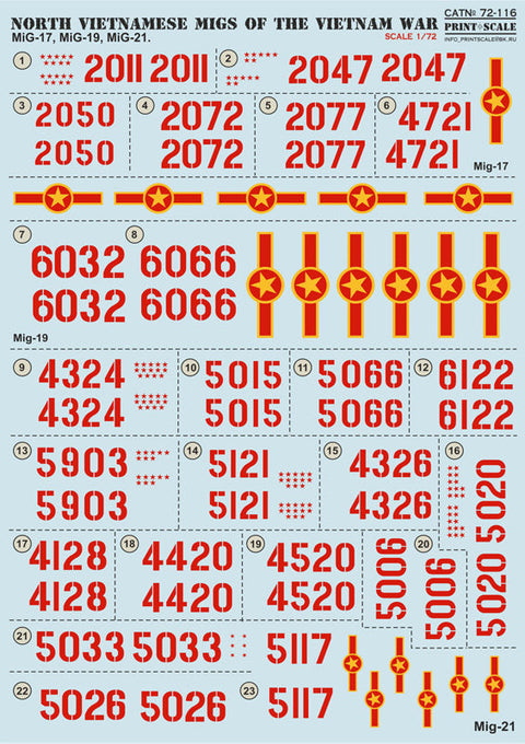プリントスケール 72-116 1/72 北ベトナムのミグ(Mig 17 Mig 19 Mig 21) ベトナム戦争