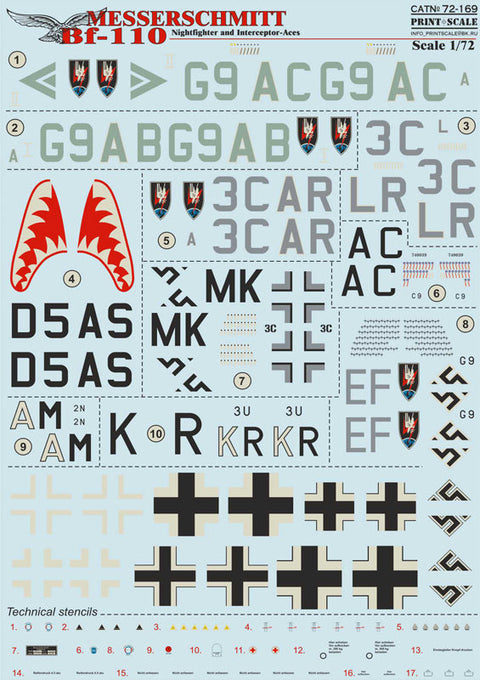 プリントスケール 72-169 1/72 メッサーシュミット Bf 110 夜間戦闘機・迎撃機 エース