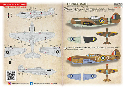 プリントスケール 72-541 1/72 カーチス P-40 ウォーホーク, トマホーク, キティーホーク