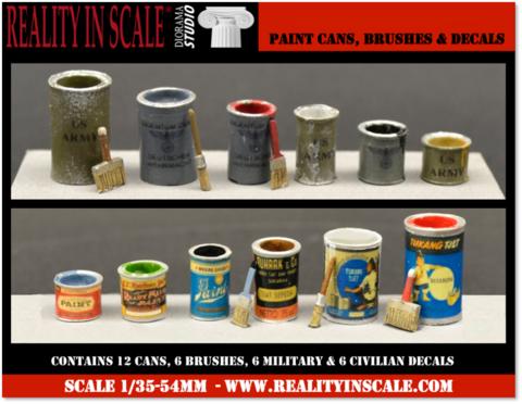 リアリティインスケール 35268 1/35 塗料缶12個&ブラシ6本&デカール12枚(民間用&軍用各6枚)