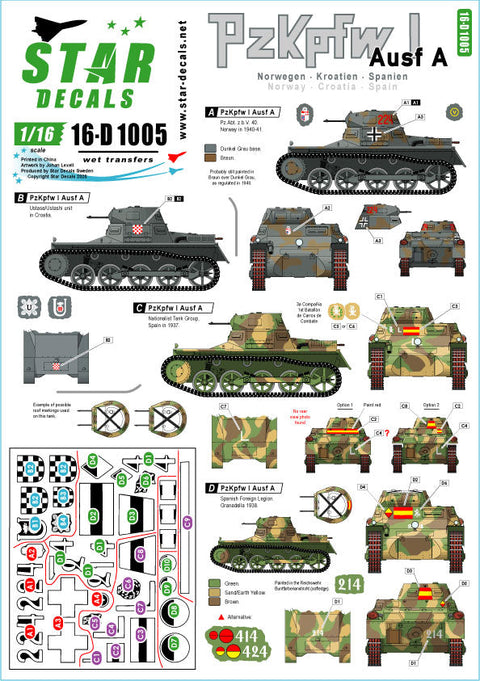 スターデカール STAR-16-D1005 1/16 ドイツ I号戦車A型 スペイン内戦 ノルウェーヴェーザー演習作戦 クロアチア/ウスタシャ