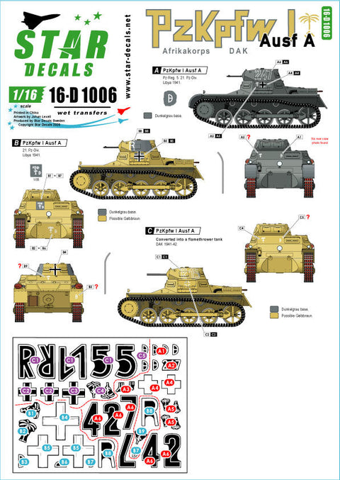 スターデカール STAR-16-D1006 1/16 WWII ドイツ I号戦車A型 北アフリカ戦線のドイツアフリカ軍団(DAK)