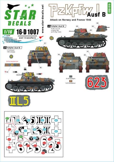 スターデカール 16-D1007 1/16 WWII ドイツI号戦車B型 ノルウェー&フランスの戦い1940