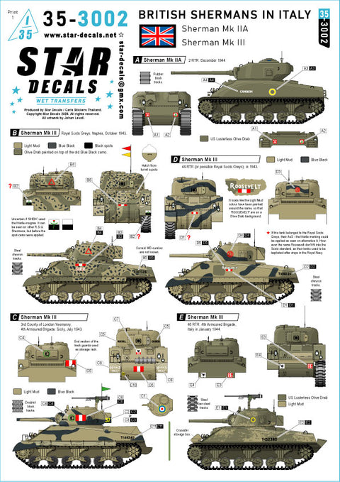 スターデカール 35-3002 1/35 イギリス イタリアのシャーマン. シャーマン Mk IIA/Mk III. 2 RTR, ロイヤル・スコットランド連隊, 44 RTR, 46 RTR, 3rd CLY.