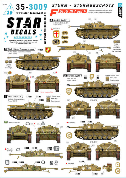 スターデカール 35-3009 1/35 WWII ドイツ III号突撃砲F型 グロースドイッチュラント突撃砲大隊/第201突撃砲大隊/第210突撃砲大隊/突撃師団ロードス