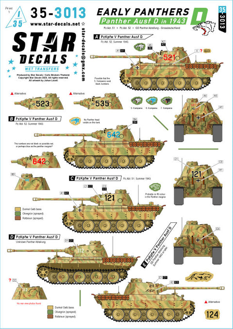 スターデカール 35-3013 1/35 パンサー初期型. 1943年のパンサーD型. 第51・52戦車大隊, グロースドイッチュラント装甲擲弾兵師団パンサー大隊.
