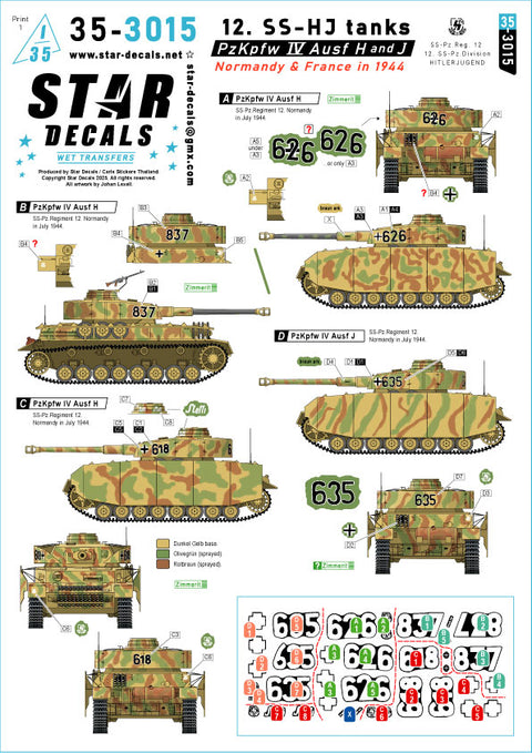 Star Decals 35-3015 1/35 PzKpfw IV Ausf H and J. 12-SS Hitlerjugend tanks. Normandy and France in 1944.