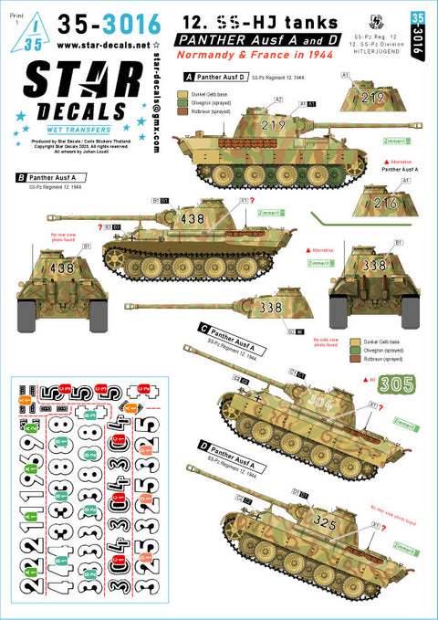 Star Decals 35-3016 1/35 Panther Ausf A and D. 12-SS Hitlerjugend tanks. Normandy and France in 1944.