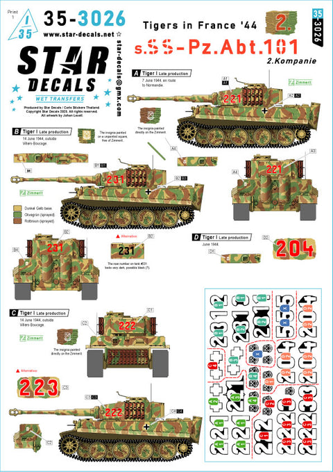 Star Decals 35-3026 1/35 Tigers in France '44 # 2. 2. Kompanie / s.SS-Pz-Abt. 101. Tiger I late production.
