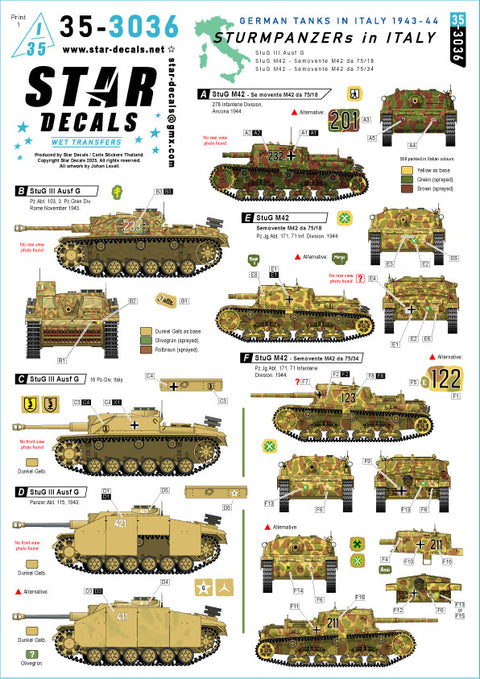 スターデカール 35-3036 1/35 イタリア戦線のドイツ突撃砲. III号突撃砲G型, 突撃砲M42 da 75/18 and 75/34.