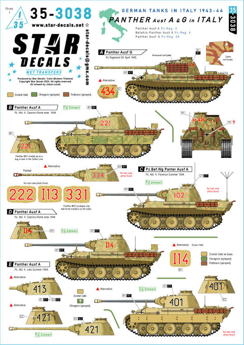 Star Decals 35-3038 1/35 Panther A and G in Italy. Panther Ausf A, Bef-Panther Ausf A and Panther Ausf G.