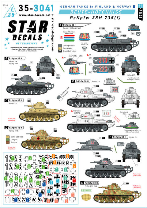 スターデカール 35-3041 1/35 北方戦線の戦車. フィンランドとノルウェーのドイツ戦車 # 2. PzKpfw 38H 735(f).