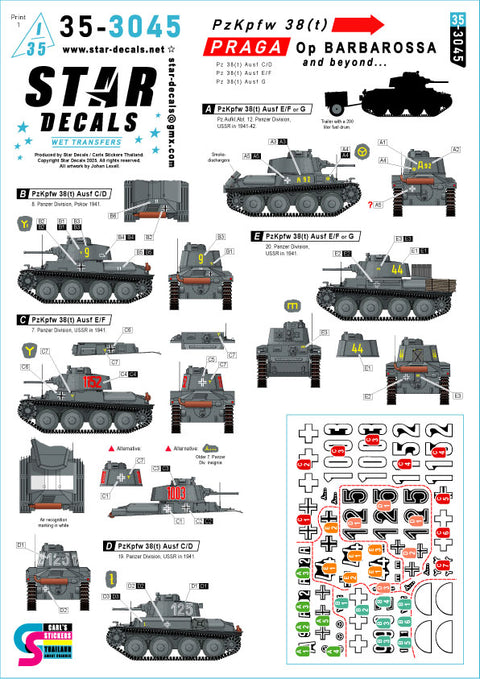Star Decals 35-3045 1/35 PzKpfw 38(t) Praga. Op Barbarossa and beyond... PzKpfw 38(t) Ausf C/D, Ausf D/E and Ausf G.