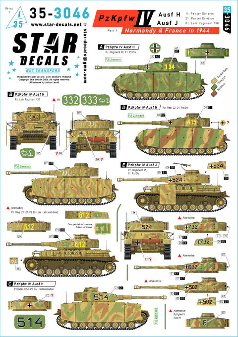 Star Decals 35-3046 1/35 PzKpfw IV Ausf H and J. Normandy & France in 1944 # 1. 11. Pz.Div, 21. Pz.Div, Pz-Lehr Reg 130.