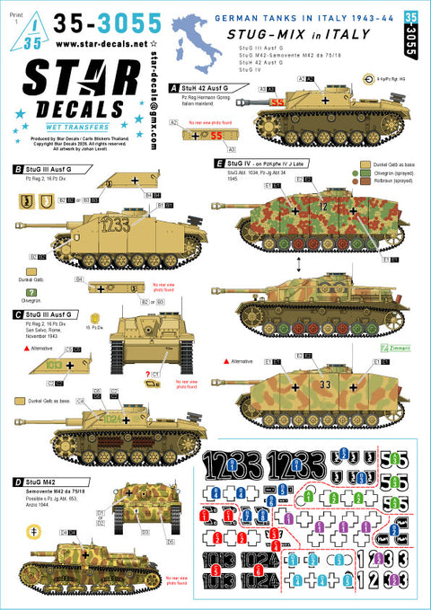 スターデカール 35-3055 1/35 イタリアのStuG-mix. StuG III Ausf G, StuG 42 M42自走砲, StuH 42 Ausf G and StuG IV.